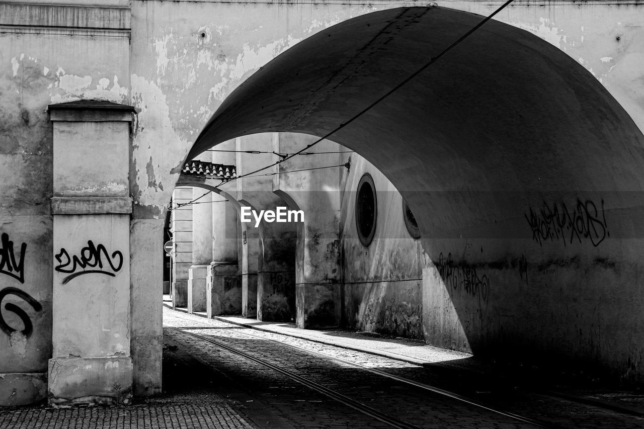 GRAFFITI ON WALL OF OLD RAILROAD TRACKS