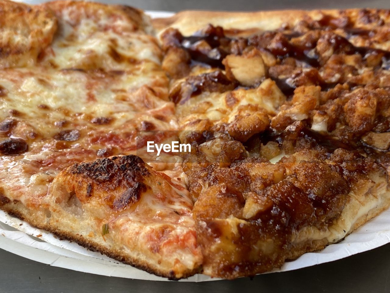 CLOSE-UP OF PIZZA ON WHITE BACKGROUND