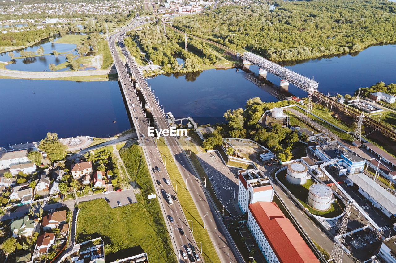 Bridge over sozh river in gomel, belarus. aerial view