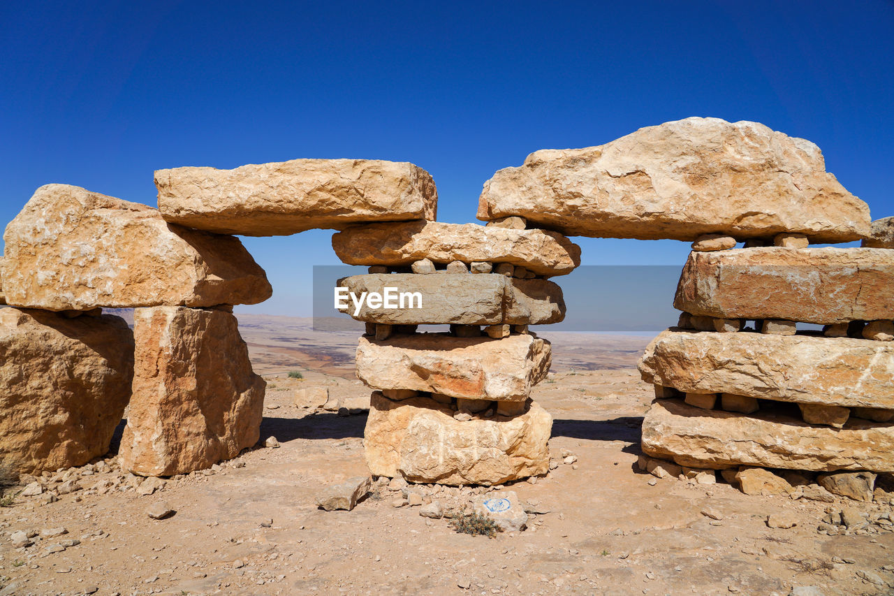 Stack of rocks against clear blue sky