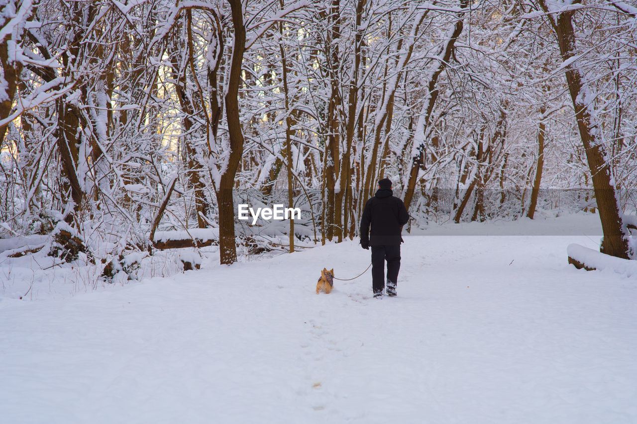 REAR VIEW OF WOMAN WITH DOG WALKING ON SNOW