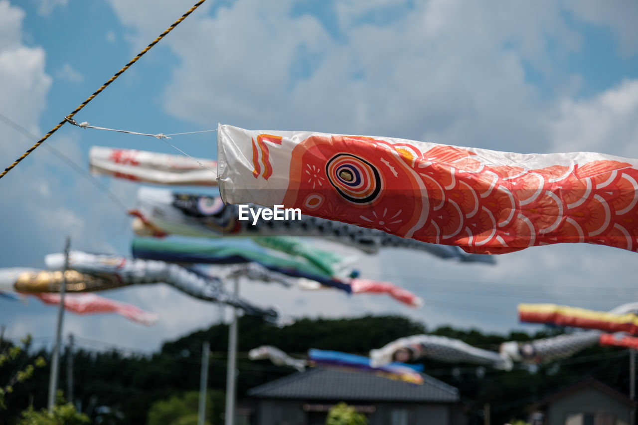 Close-up of fish streamers hanging against the sky