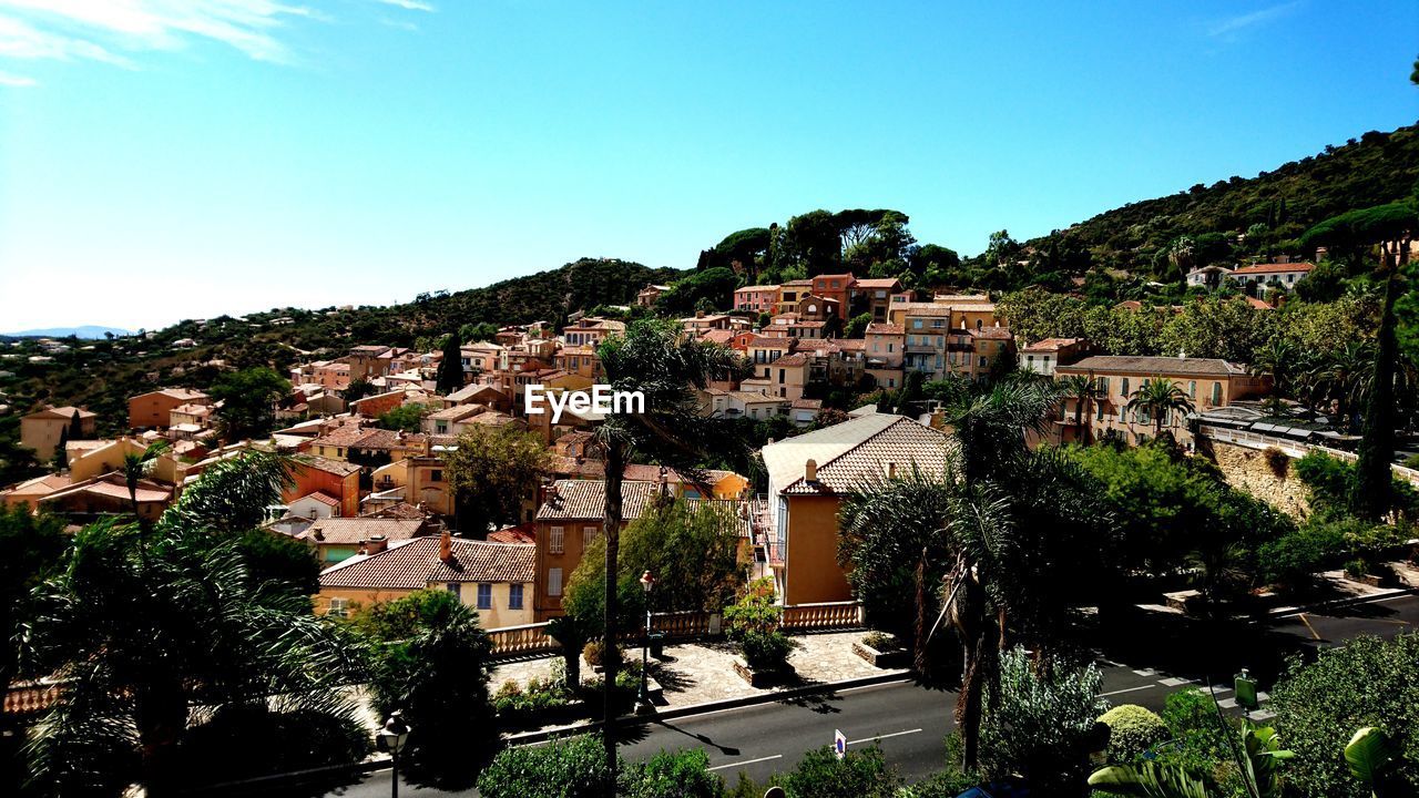 Scenic view of residential district against sky