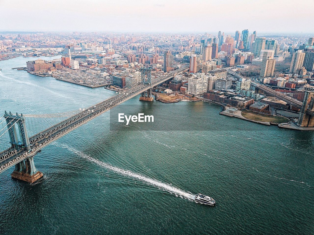 Aerial view of manhattan bridge over east river