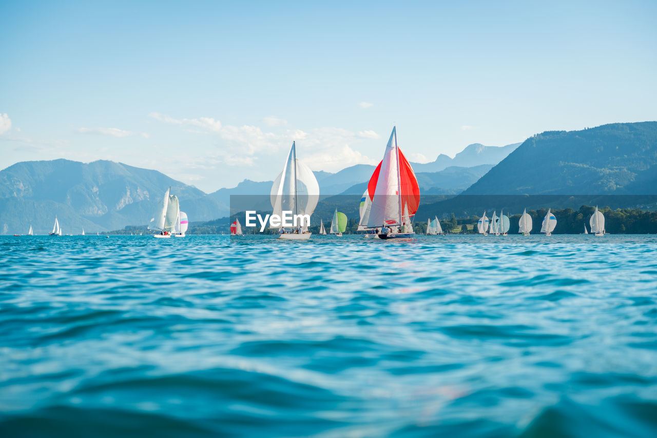 Sailboats on beautiful lake attersee in austria.