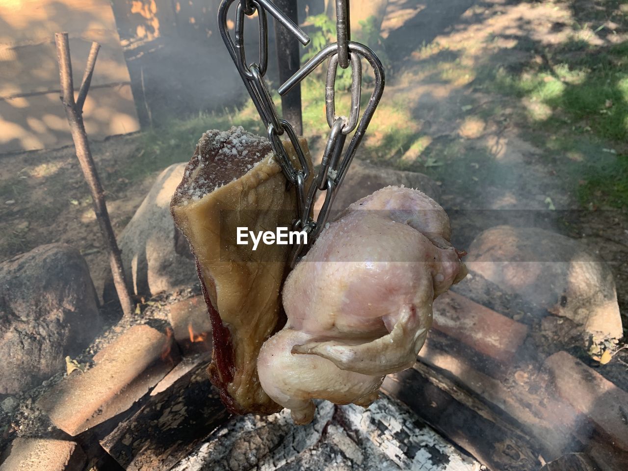 High angle view of meat on tree