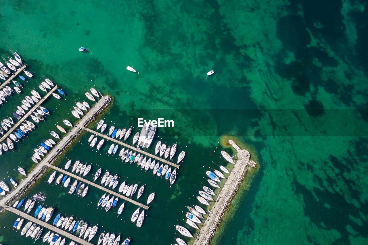 Aerial view of boats moored on sea