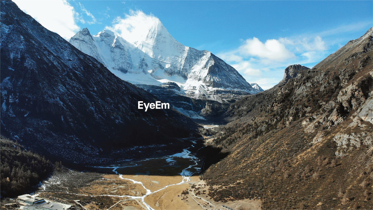 Scenic view of snowcapped mountains against sky