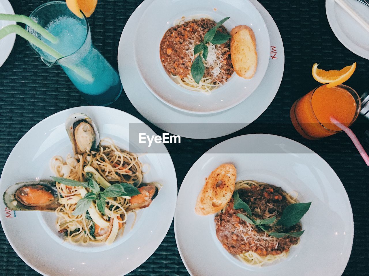 High angle view of food served on table