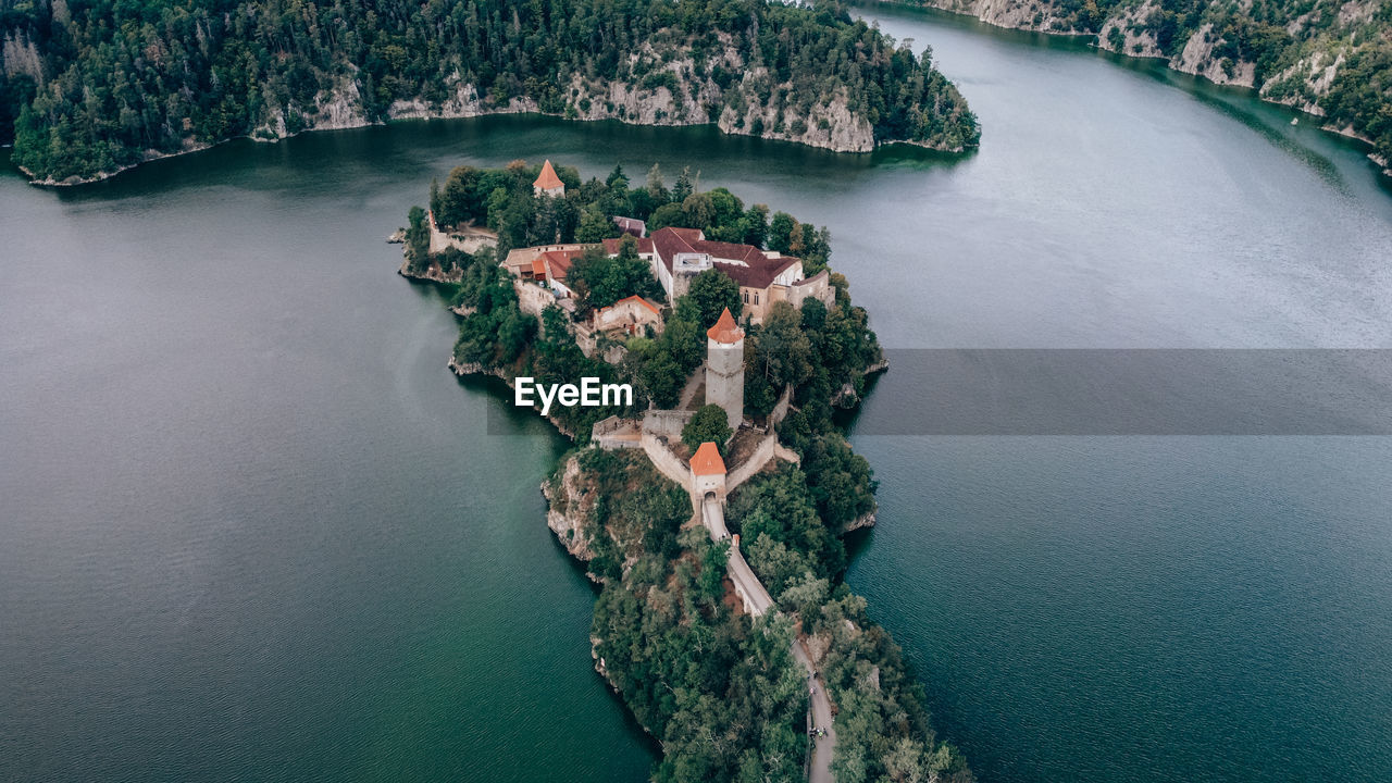 Zvikov castle czech republic. drone shot - aerial view. half island