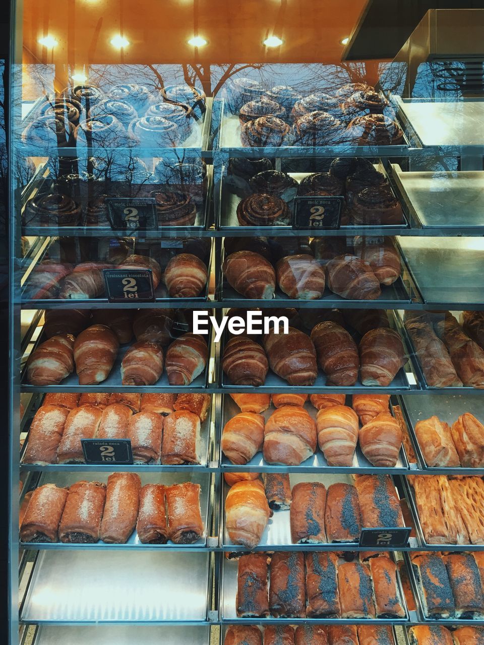 High angle view of breads displayed in cabinet