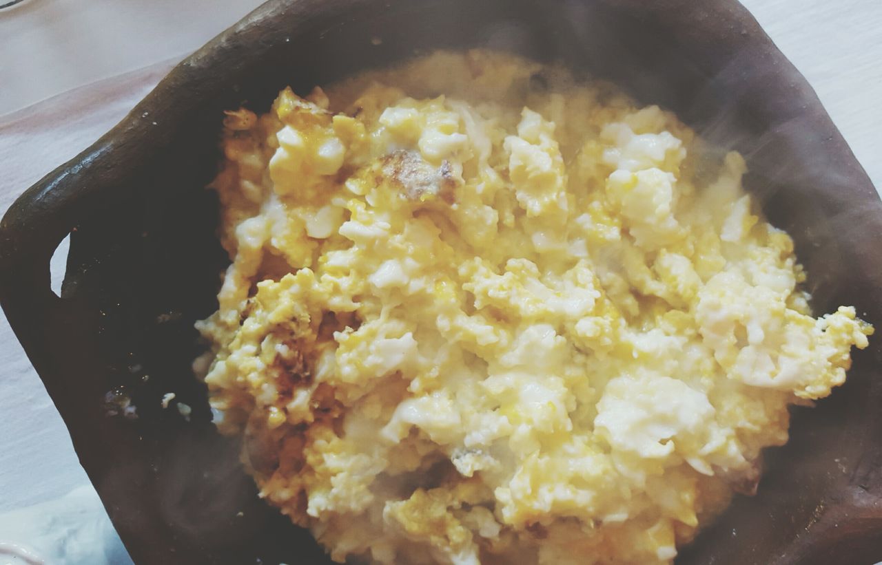 High angle view of scrambled eggs in bowl