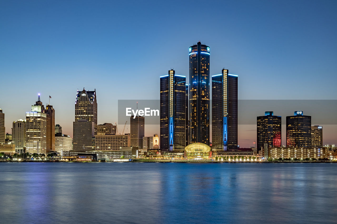 Detroit skyline at dusk and clear perfect weather.