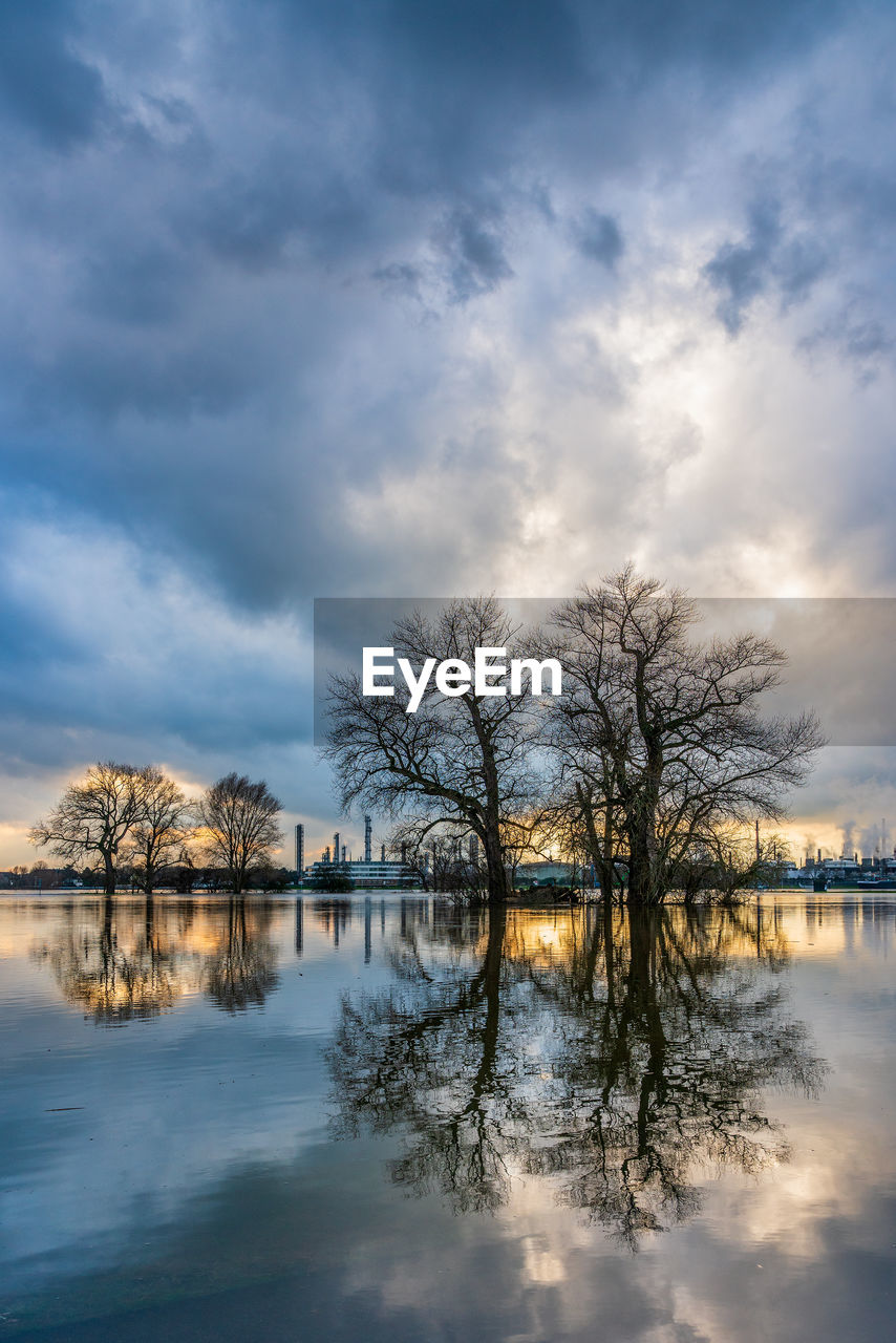 Flood on the rhine, germany. chempark dormagen in the background.