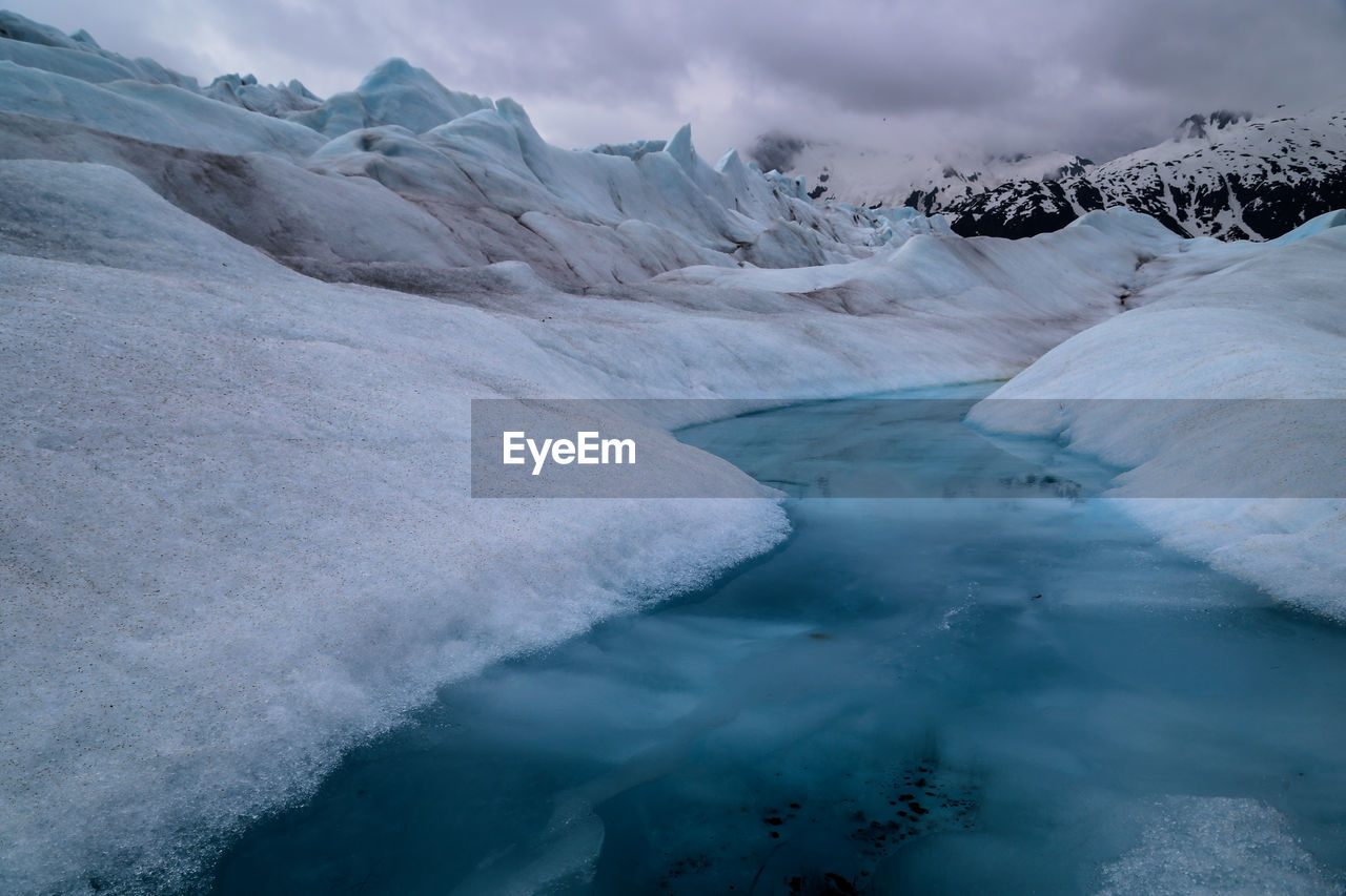 Scenic view of snowcapped mountain against cloudy sky