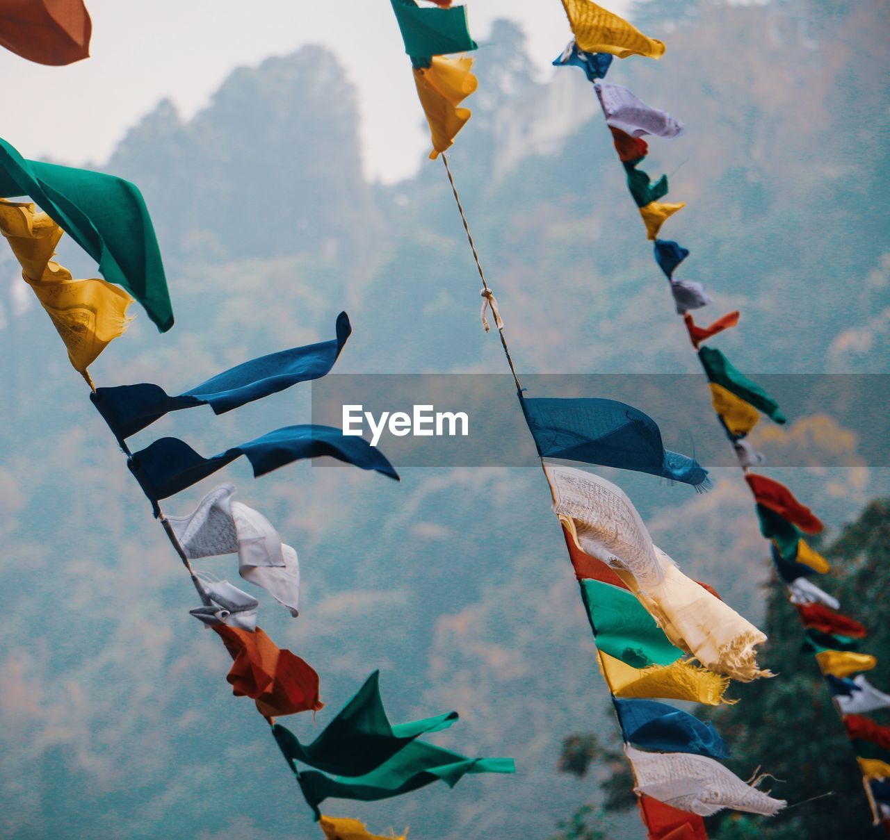 Low angle view of colorful prayer flags hanging 