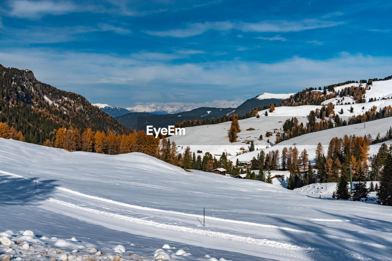 Scenic view of snow covered mountains against sky