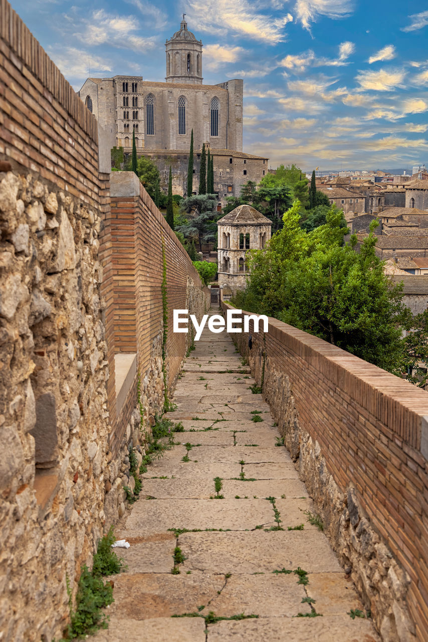 View from the protective wall on the medieval city of girona with the cathedral , girona,  spain.