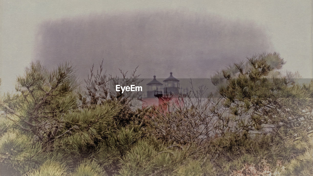 Double exposure of lighthouse and trees in fog