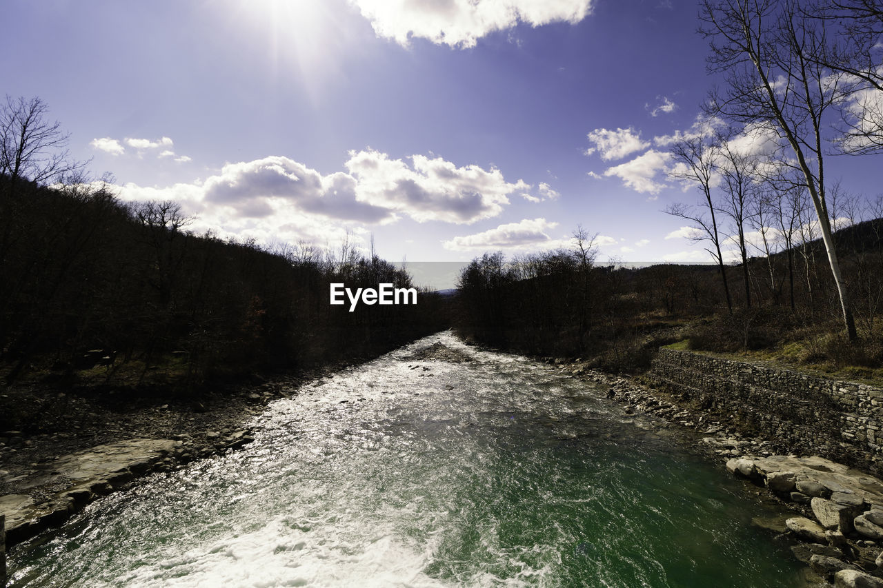 SCENIC VIEW OF RIVER FLOWING AGAINST SKY