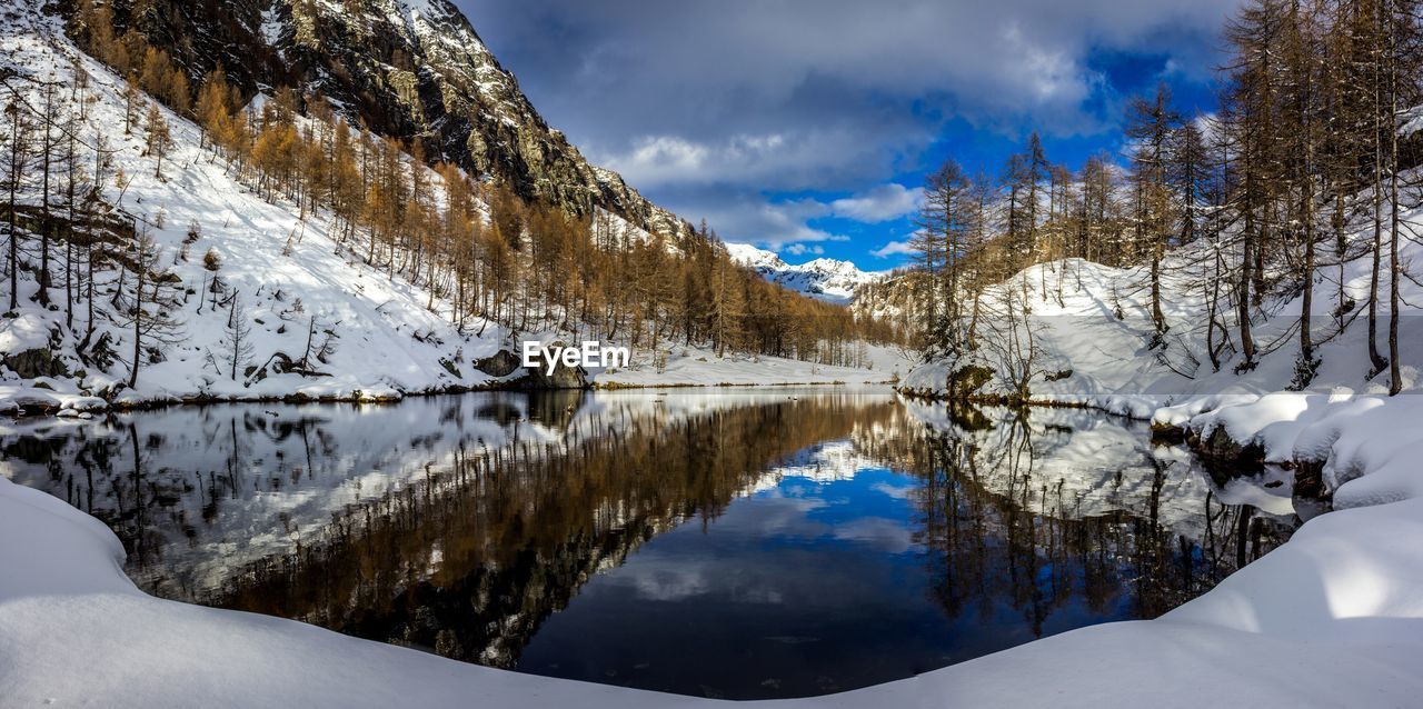 Scenic view of snowcapped mountains and lake against sky