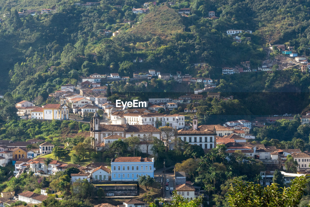 High angle view of townscape and trees