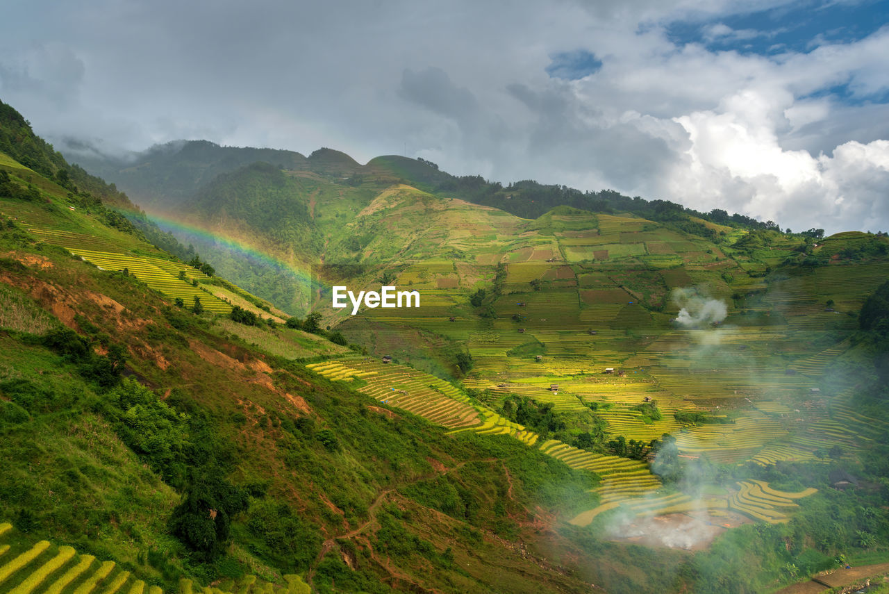 scenic view of landscape and mountains against sky