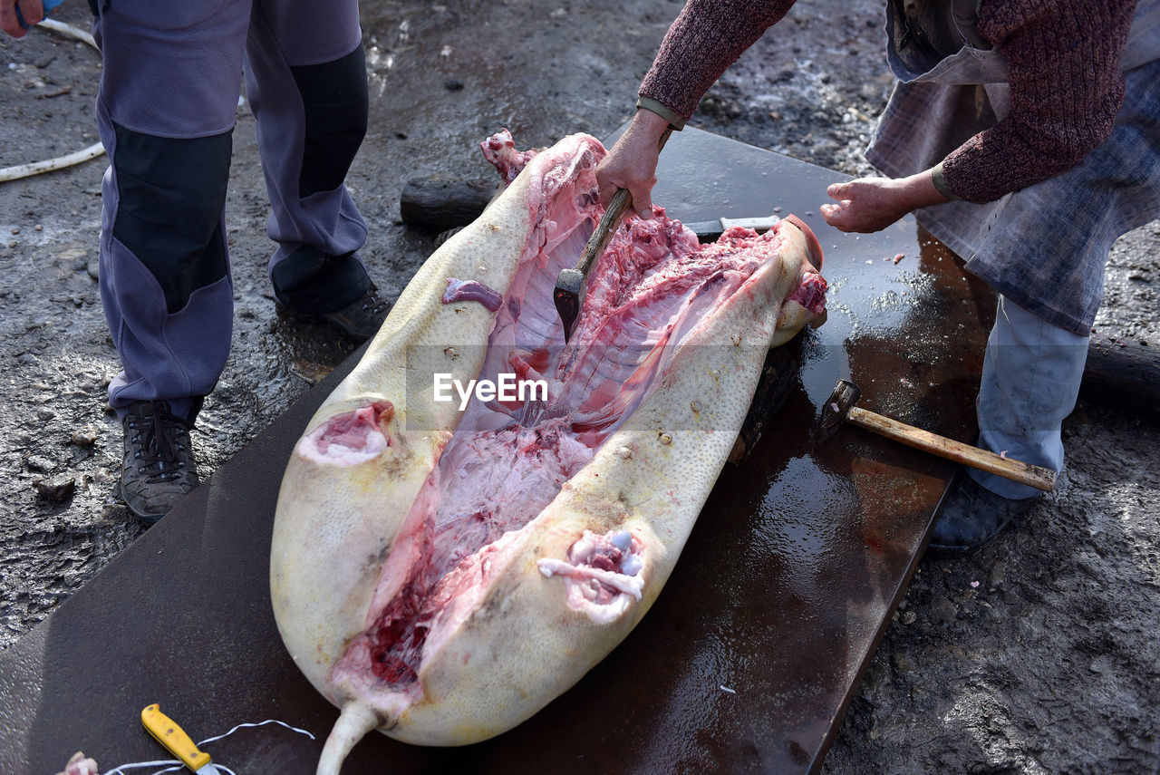 Low section of butchers cutting pork