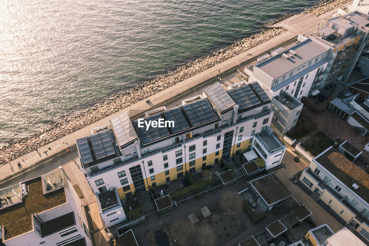 Aerial view of residential buildings on sea coast