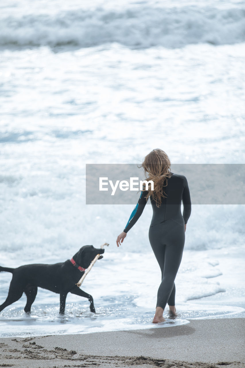 Full length of woman walking with dog at beach