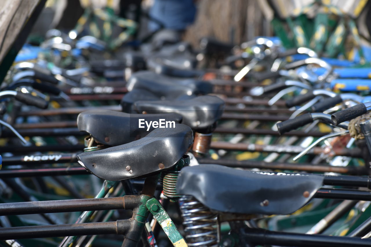 CLOSE-UP OF BICYCLES IN ROW