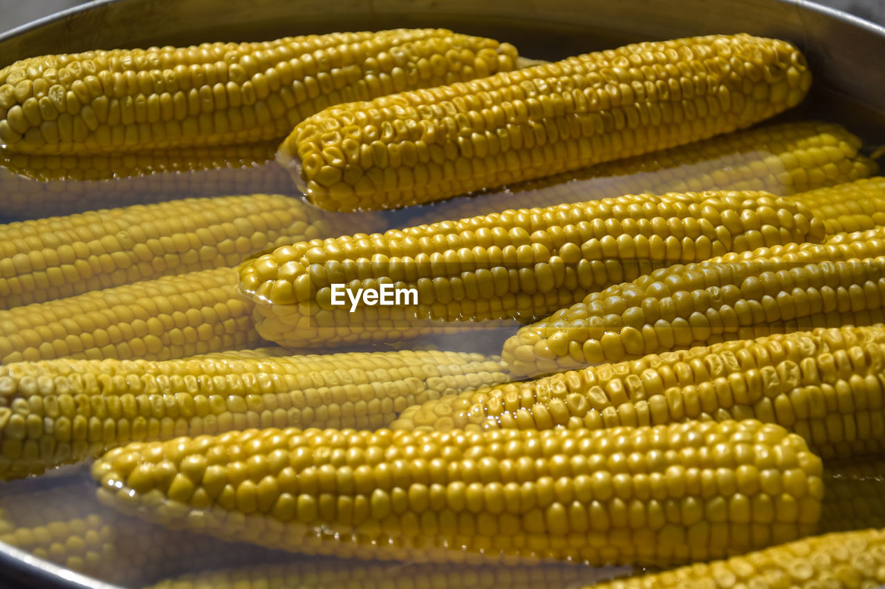 Process of cooking fresh mature corn. sale of freshly boiled hot corn at fair. close-up.