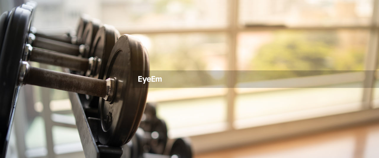 Close-up of dumbbells in gym