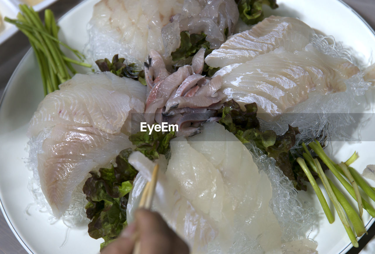 HIGH ANGLE VIEW OF FISH ON ICE CREAM IN PLATE