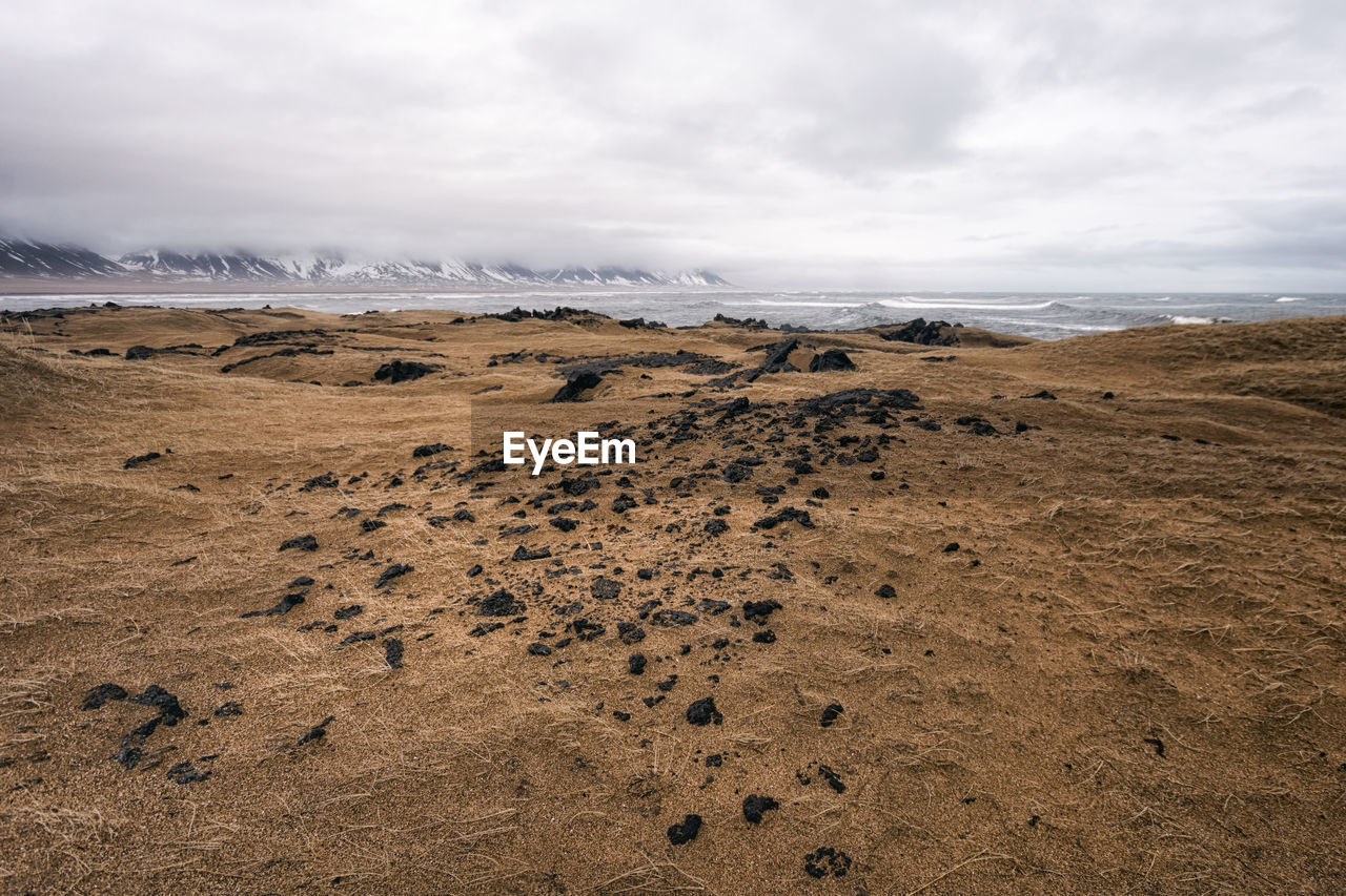 Scenic view of beach against sky during winter