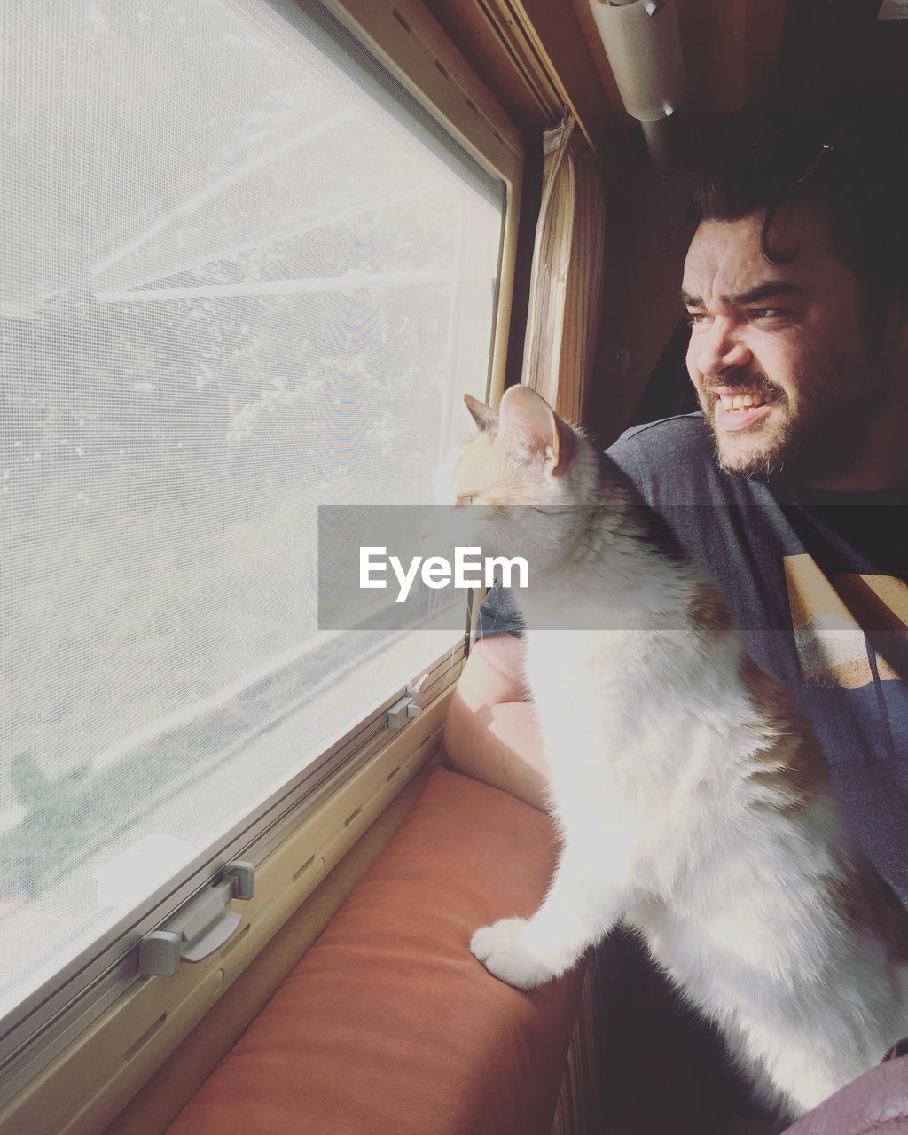 Young man with cat looking through window while sitting at motorhome