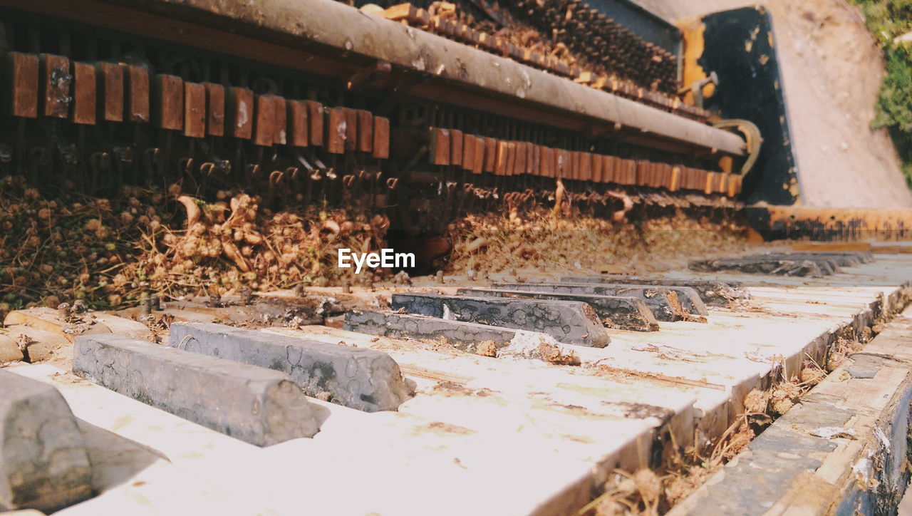 Detail shot of abandoned piano