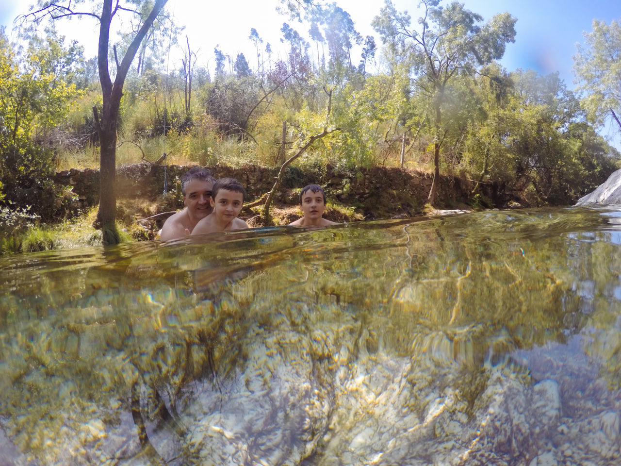 Father with sons in water