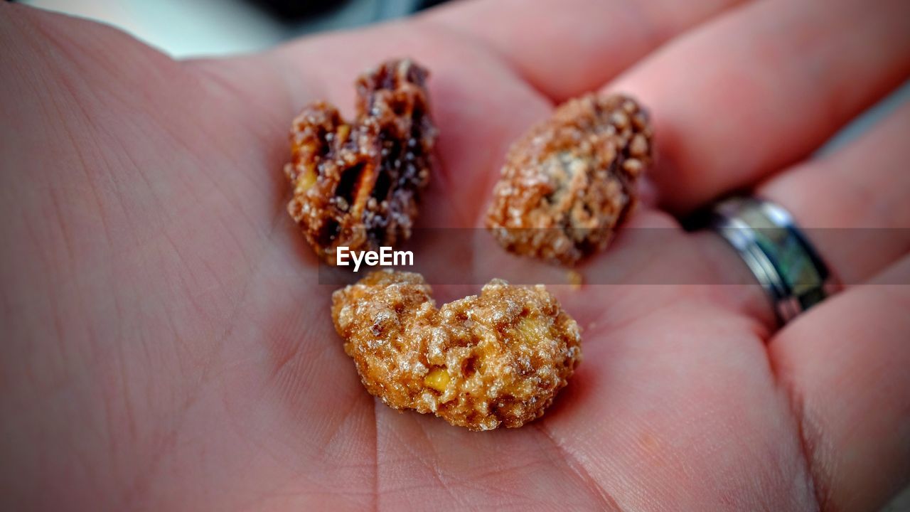 Close-up of nuts on human palm