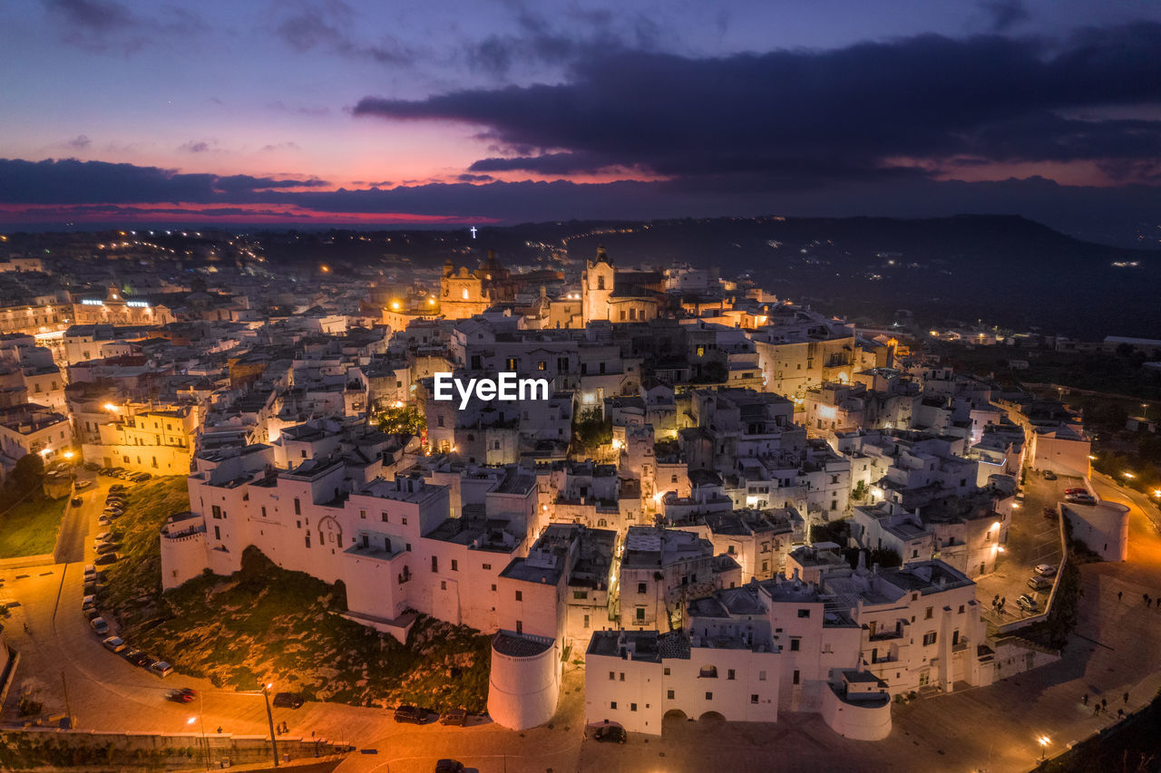 high angle view of townscape against sky at sunset