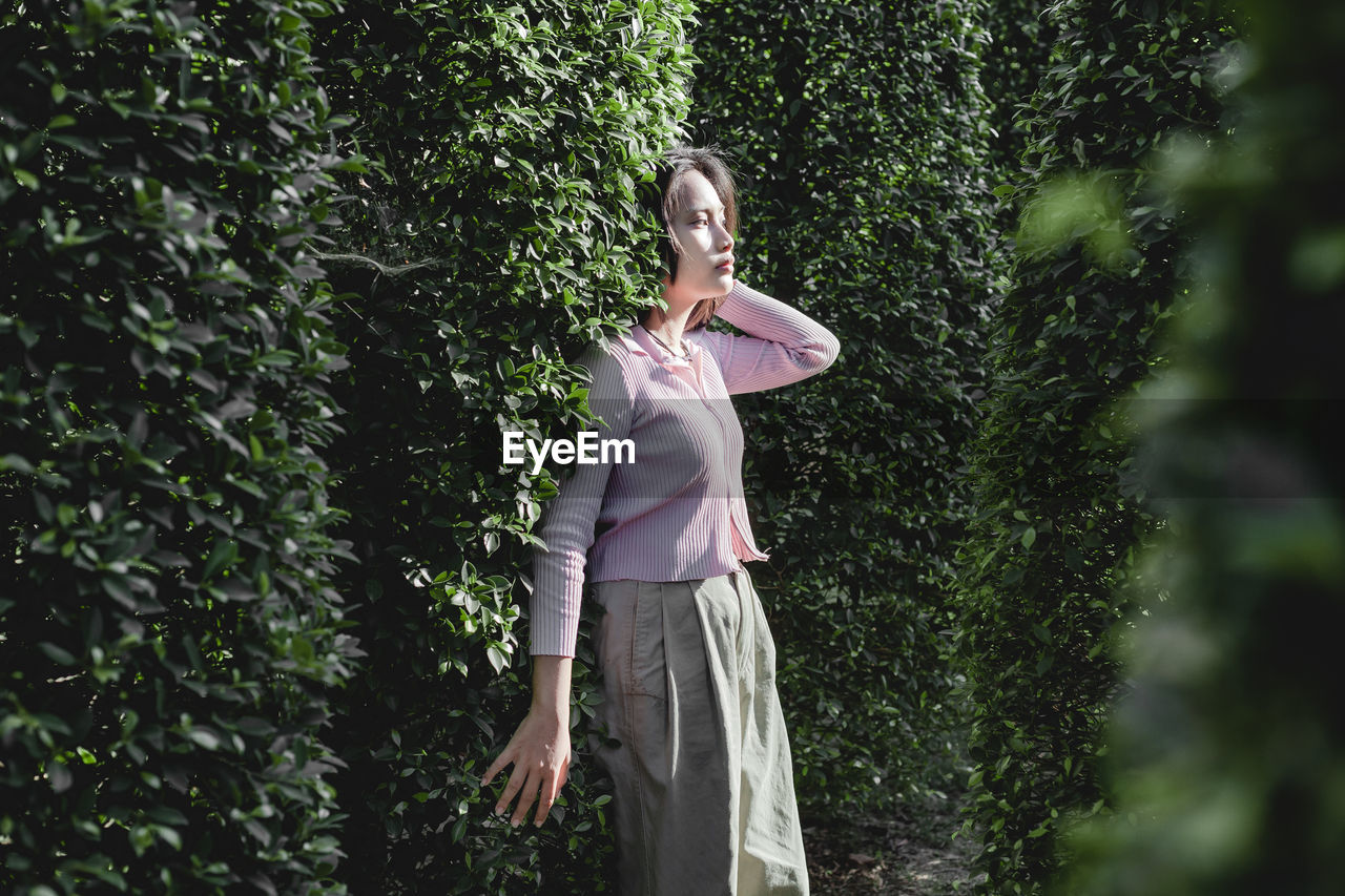 Woman standing by tree against plants