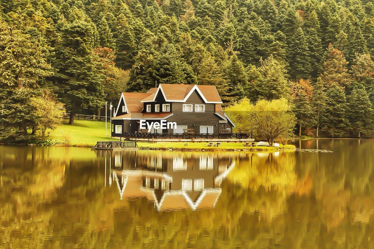 Mansion at lakeshore against trees