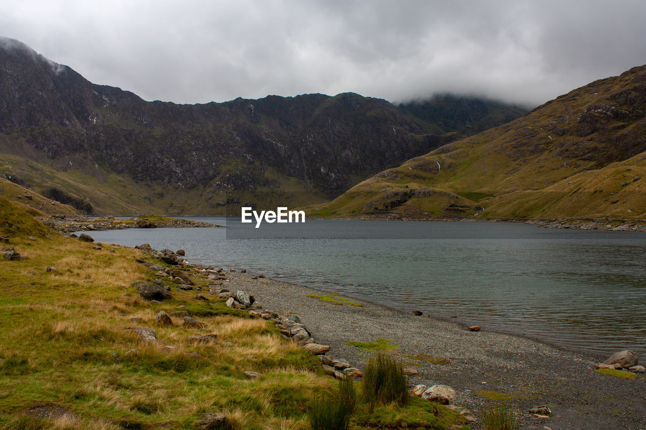 Scenic view of lake and mountains against sky