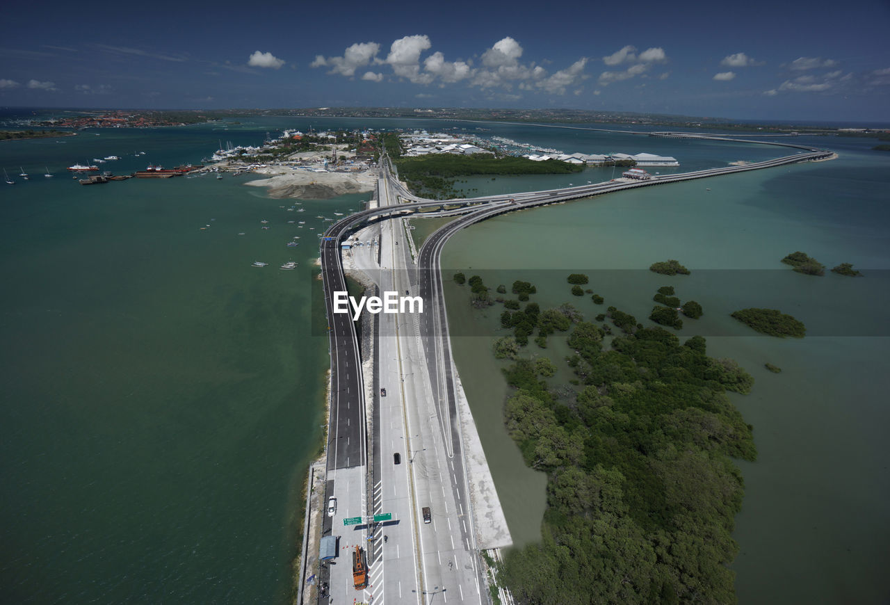 HIGH ANGLE VIEW OF SEA AND CITY AGAINST SKY