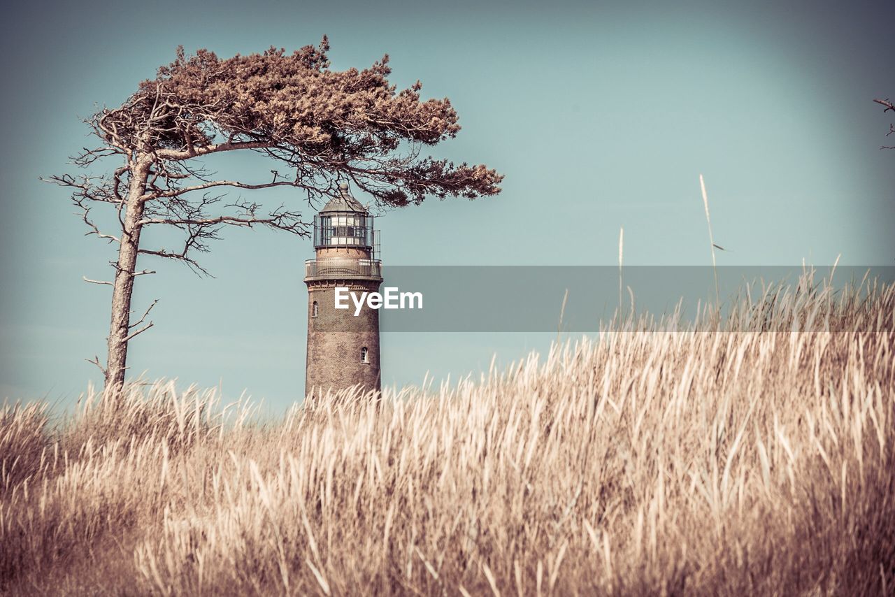 Low angle view of lighthouse on hill against clear sky during sunny day