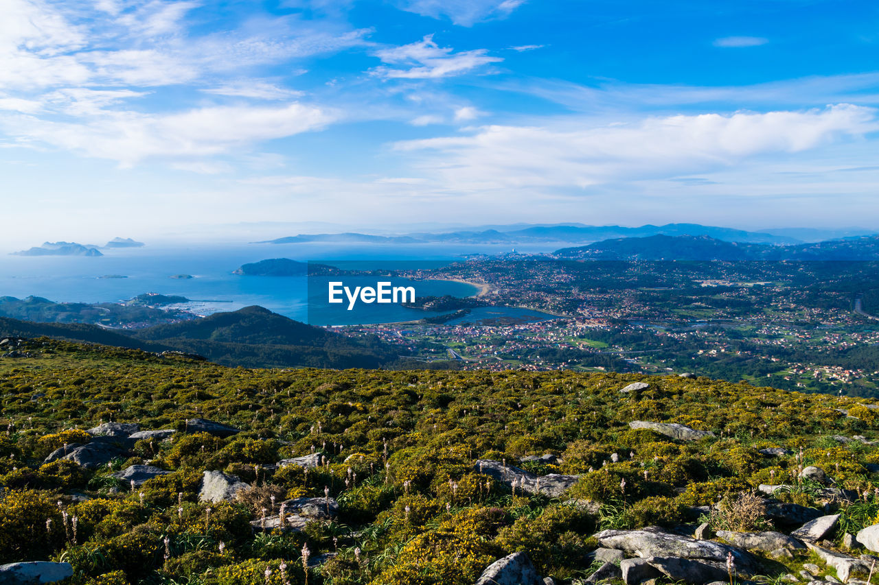 Panoramic view of the val miñor region. in the image you can see the town of baiona and nigran
