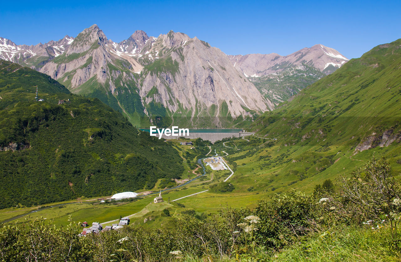 Aerial view of riale alpine village and morasco lake in val formazza, piemonte, italy