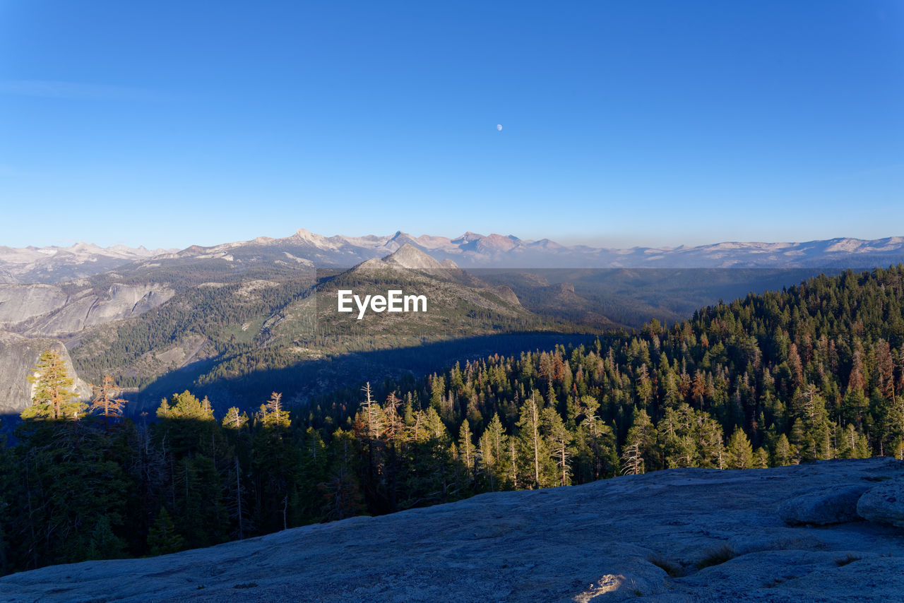 SCENIC VIEW OF TREES AND MOUNTAINS AGAINST CLEAR BLUE SKY