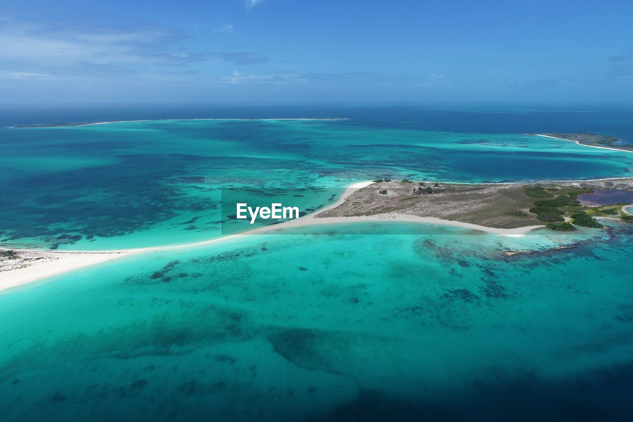 Drone view of beach with clear water in los roques, caribbean sea, venezuela