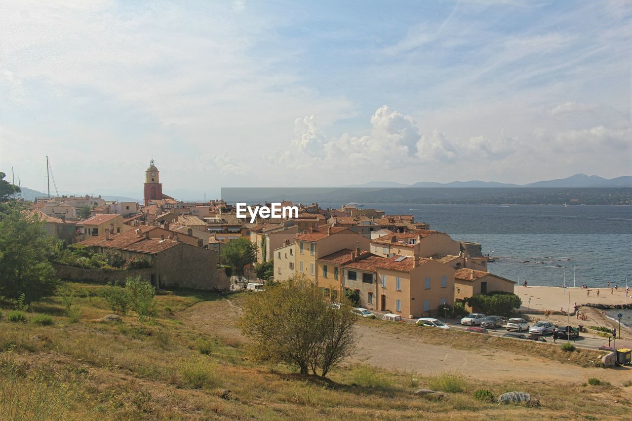 High angle view of buildings against sky